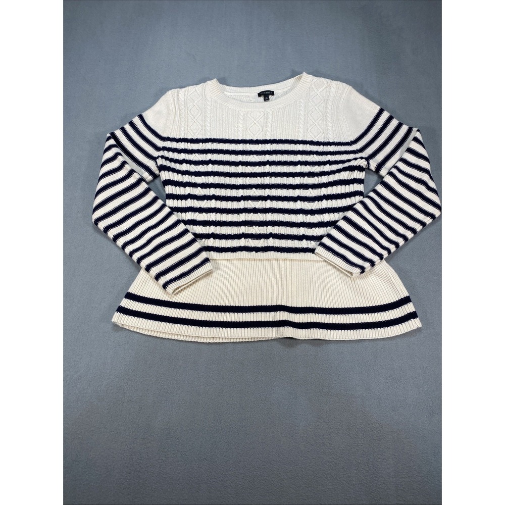 Talbots Cable Knit Sweater Beige Navy Striped Cotton Cashmere Blend Large Preppy